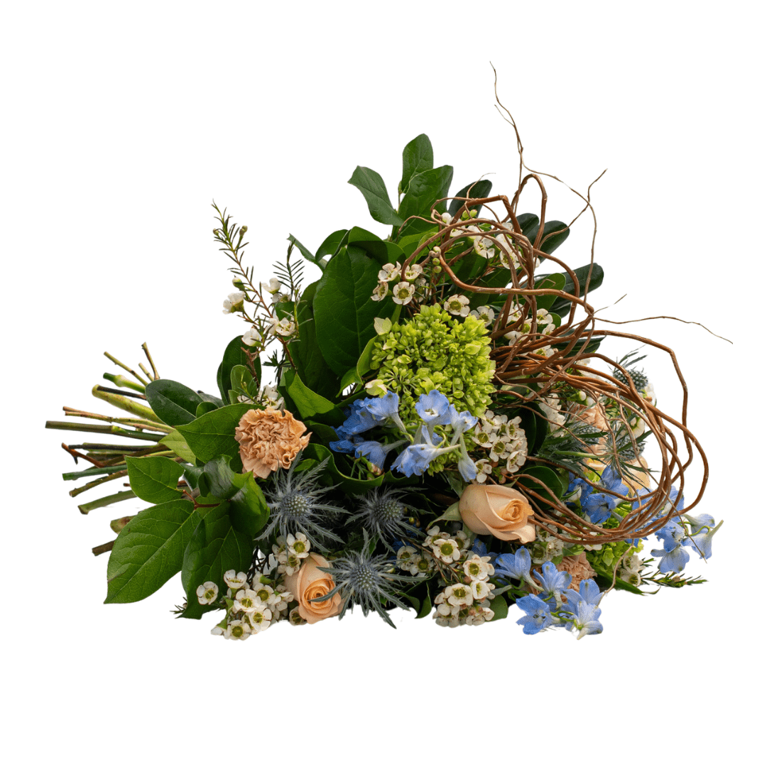 193 Elegant bouquet with peach roses, blue delphiniums, green hydrangeas, and lush foliage, ideal for weddings.