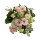 Elegant bouquet of pink roses, white gerbera daisies, and green hydrangeas with lush leaves, perfect for celebrations.
