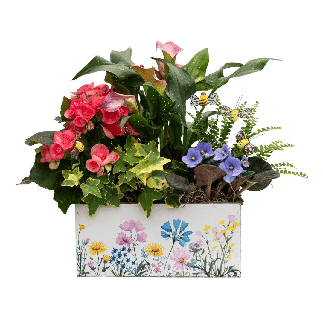 47 Vibrant floral arrangement in a decorative planter with colorful flowers and greenery, perfect for home decor aesthetics.