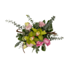 Elegant floral arrangement with green orchids, pink roses, and eucalyptus leaves on a white background. Perfect for decor.