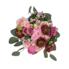 An above view of a fresh floral arrangement in a pink ceramic mason jar with pink roses, ranunculus, dianthus, and chocolate-coloured lisanthus.