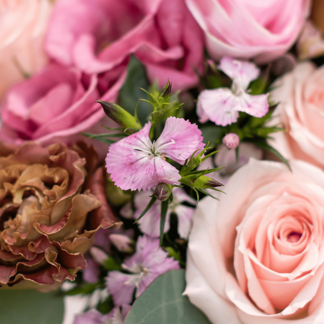 A close-up of a stem of pink dianthus in a fresh floral arrangement.