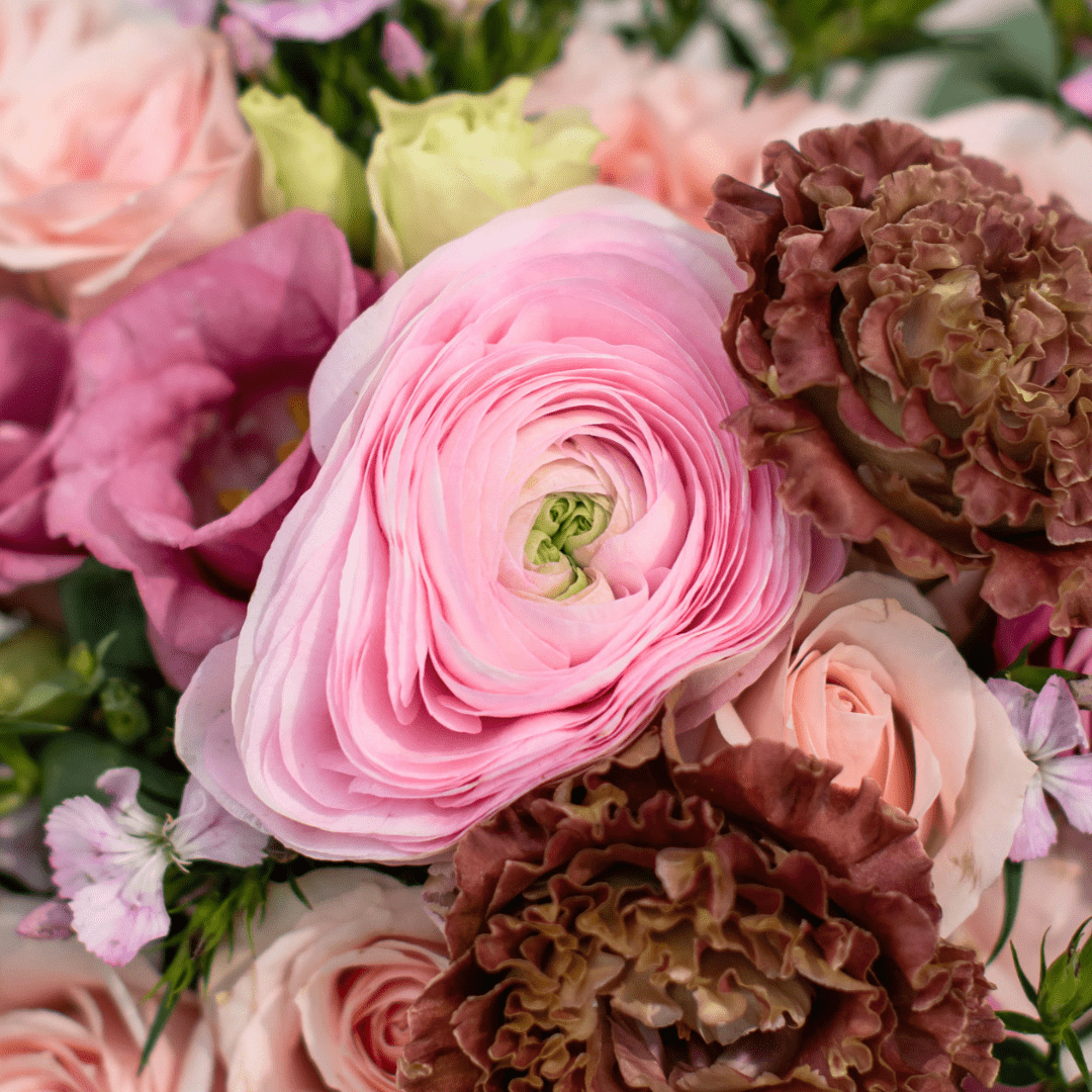 A close-up of a pink ranunculus in a fresh floral arrangement.