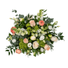 A view from above of a floral arrangement with white roses, peonies, snapdragons, and lisianthus, peach-coloured ranunculus, and lime green hydrangeas arranged in a glass pedestal.