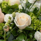 A close-up of a white rose in a floral arrangement.