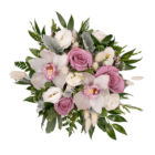 A view from above of a floral arrangement with white phalaenopsis orchids, light pink-purple roses, white lisianthus, and white fluffy bunny tails arranged in a mauve-coloured glass cube.