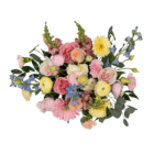 A view from above of a fresh floral arrangement in a pink ceramic jug with light pink, yellow, peach, and blue-coloured flowers, like gerberas, roses, delphinium, carnations, and snapdragons.