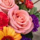 A close-up of a light pink rose in a floral arrangement.