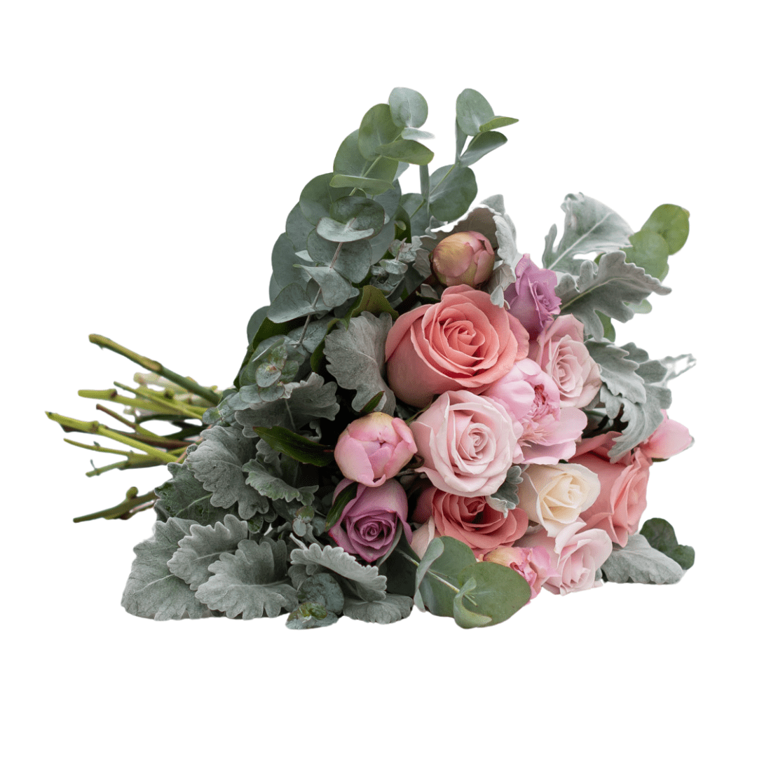 An image of an all-pink bouquet of roses and peonies with silvery dusty miller and eucalyptus stems.