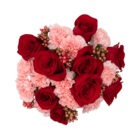 An above view of a cherry themed floral arrangement with red roses, pink carnations, and pink kalanchoes.