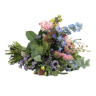 An image of a wildflower bouquet with stems of purple, pink, light blue, and yellow cut flowers.