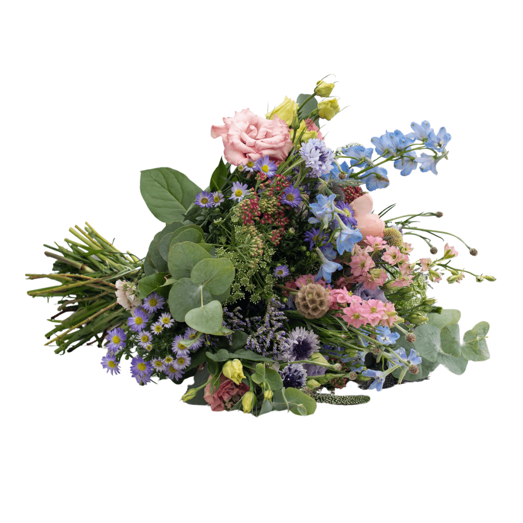 An image of a wildflower bouquet with stems of purple, pink, light blue, and yellow cut flowers.