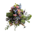 An image of a wildflower bouquet with stems of purple, pink, light blue, and yellow cut flowers.