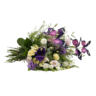 A fresh floral bouquet with pale pink and yellow lisianthus, as well as white and purple, with eucalyptus and other greenery accents, and faux purple butterflies floating over the foliage and blooms.