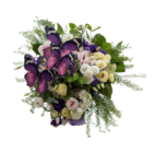 A fresh floral bouquet with pale pink and yellow lisianthus, as well as white and purple, with eucalyptus and other greenery accents, and faux purple butterflies floating over the foliage and blooms.