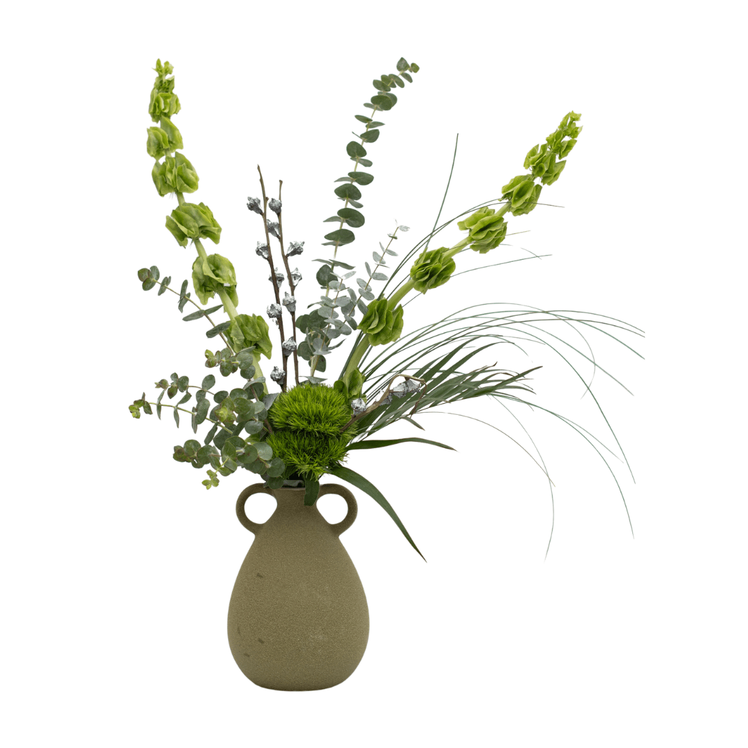 342 Fresh greenery and dried eucalyptus pods in an olive-coloured textured vase with two small decorative handles on the side.