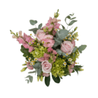 An above view of a pink and lime green floral arrangement.