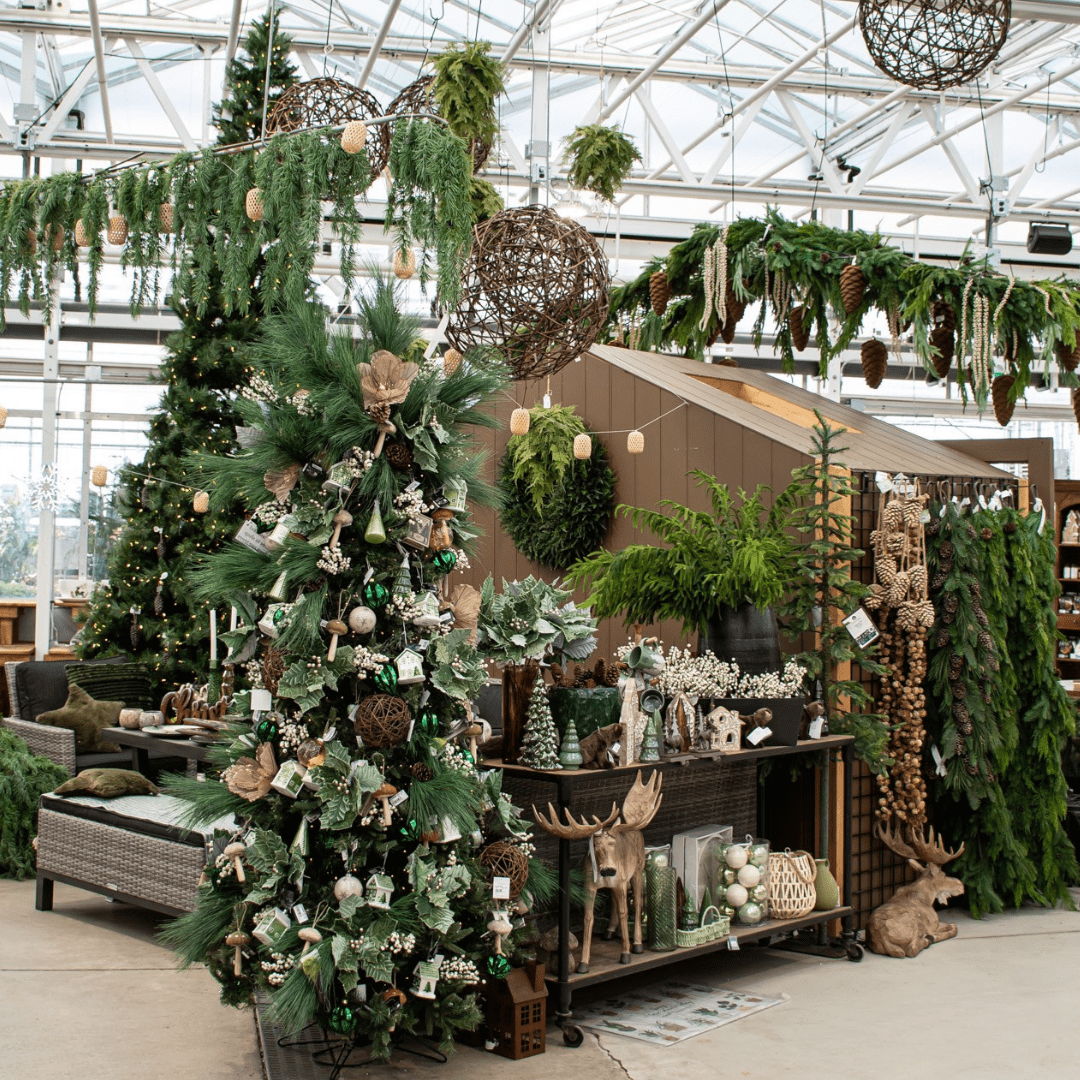 A green, sage, champagne and natural-coloured Christmas display in a greenhouse with artificial Christmas trees, hanging wicker balls and greenery, an outdoor patio set, etc.