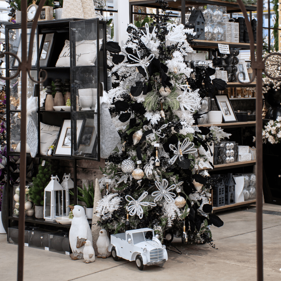A black and white Christmas display in a greenhouse with a family of penguins, shelves lined with decor, etc.