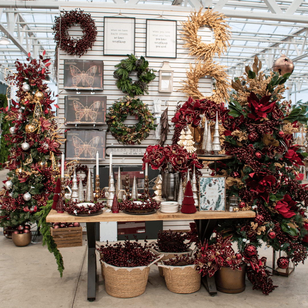 A red, burgundy, and gold Christmas display in a greenhouse with a artificial Christmas trees, a dining room table decorated, large light-up butterflies, etc.