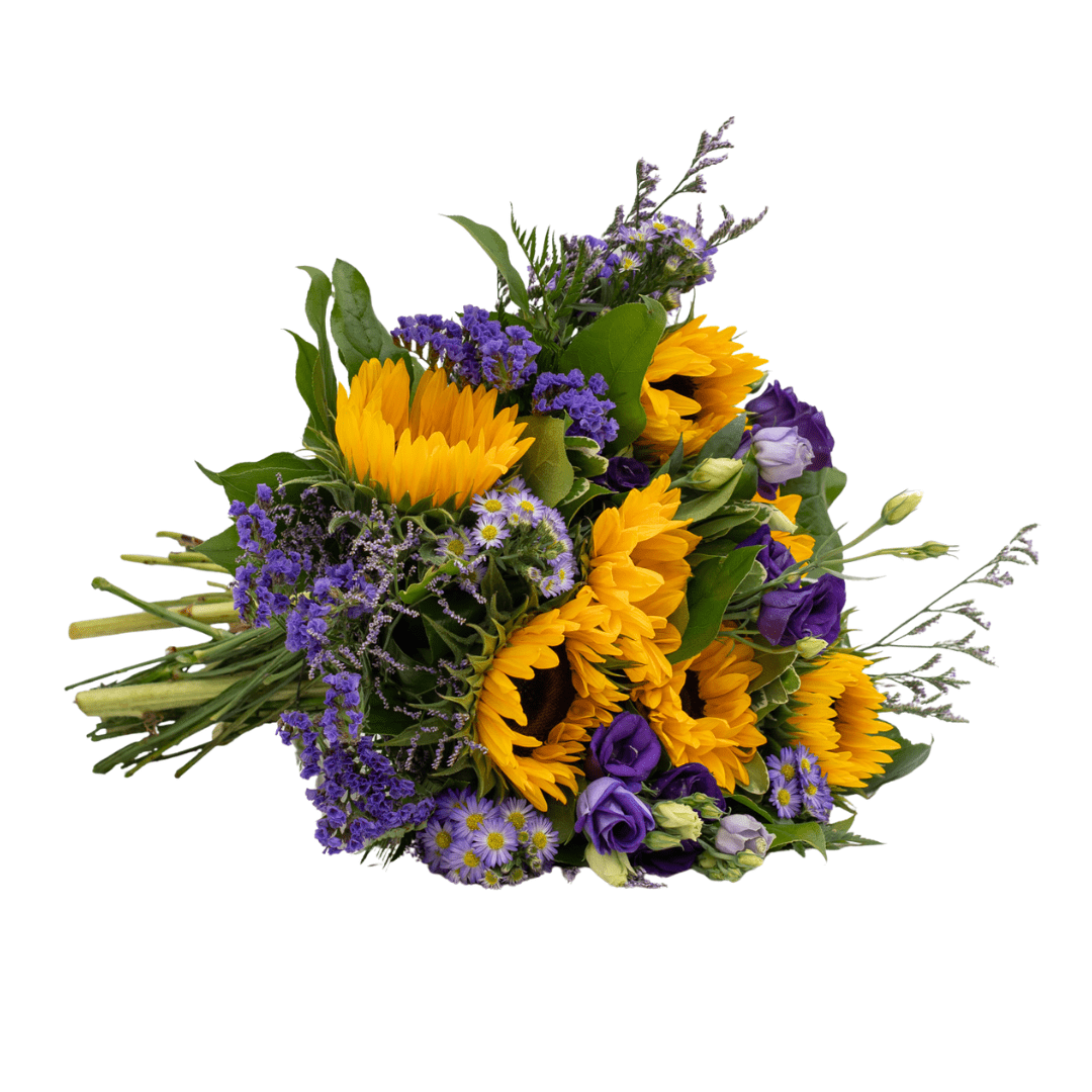 A yellow and purple fresh floral bouquet with sunflowers.