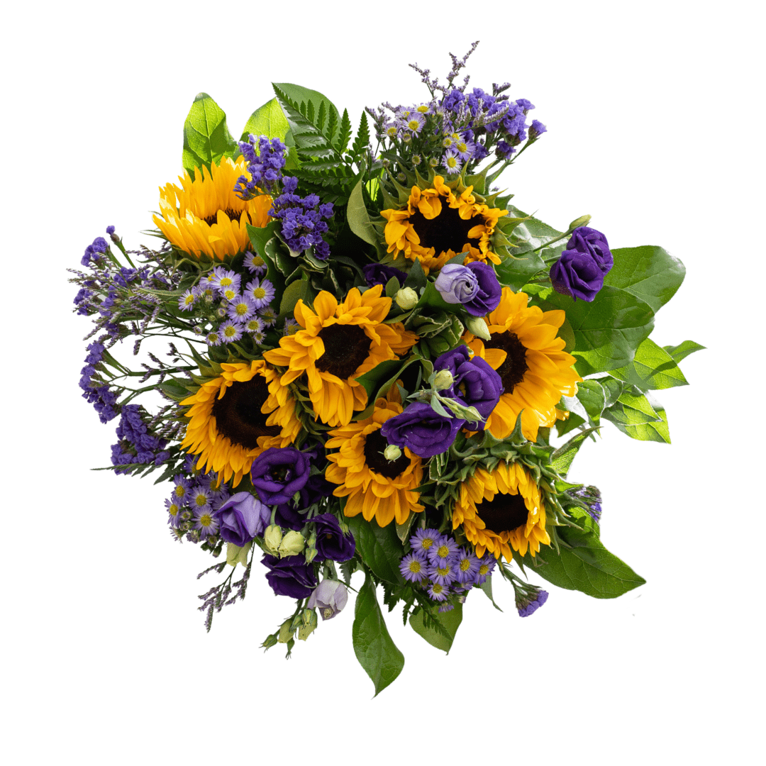 A yellow and purple fresh floral bouquet with sunflowers.