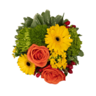 An above view of an orange, yellow, red, and lime green floral arrangement.