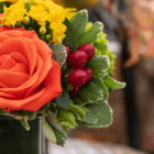 A close-up of red hypericum berries in a fresh floral arrangement.