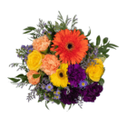 An above view of a yellow, peach, and purple fresh floral arrangement.