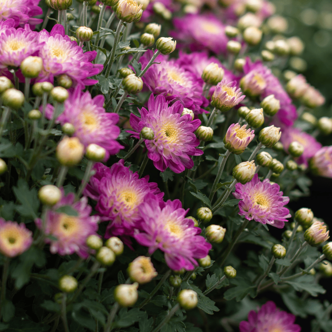 A close-up of pink fall mum blooms.