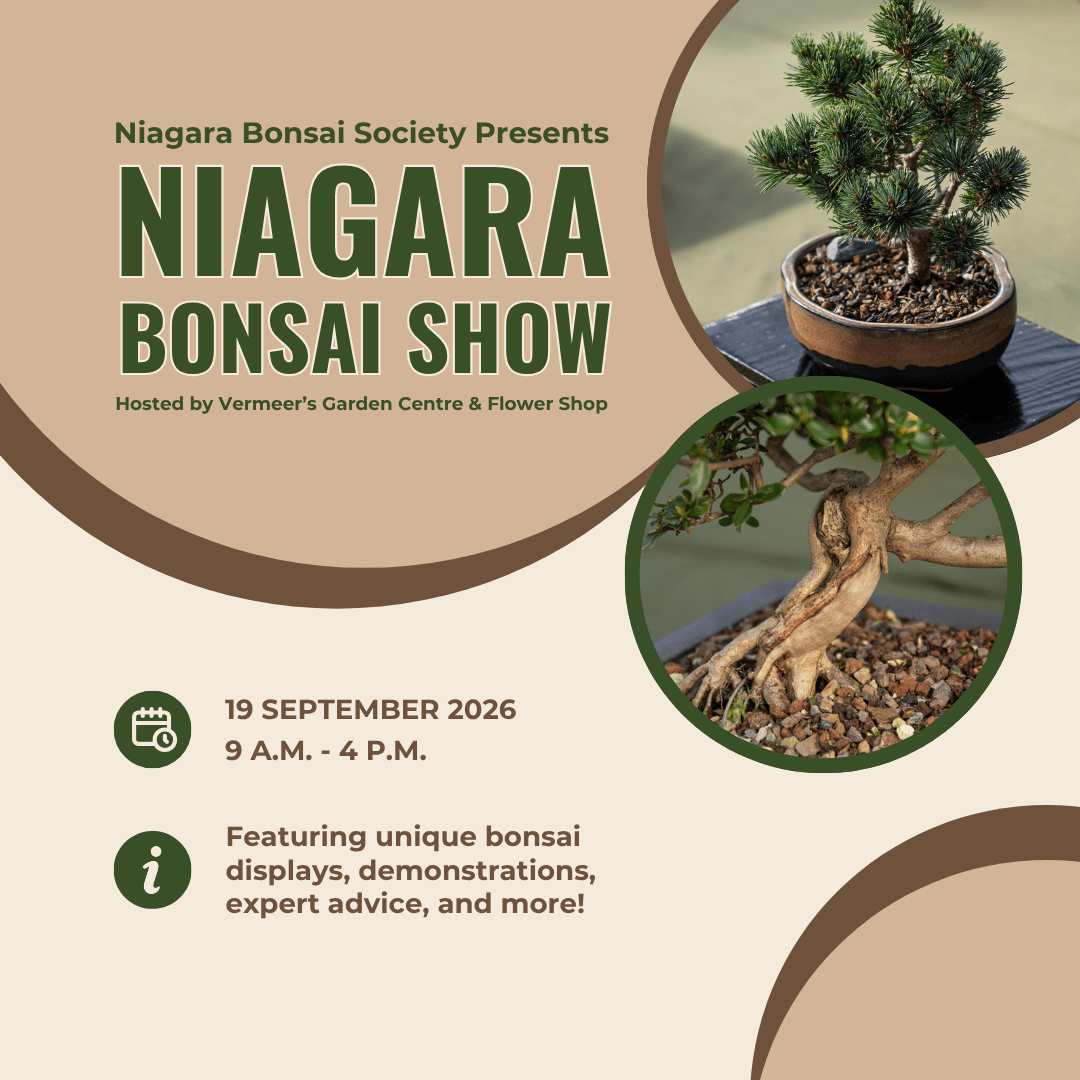 Niagara Bonsai Society Presents. Niagara Bonsai Show. Hosted by Vermeer's Garden Centre & Flower Shop. September 18th, 2026. 9 a.m. to 4 p.m. Featuring unique bonsai displays, demonstrations, expert advice, and more!