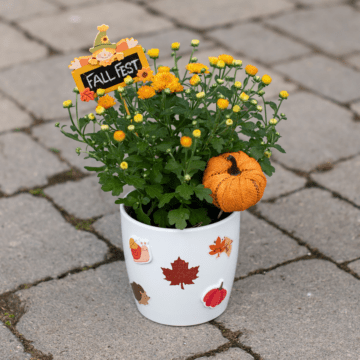 A small fall mum planter in a white ceramic pot with fall stickers on it, a yellow fall mum, and a pumpkin pick sits on a stone walkway.