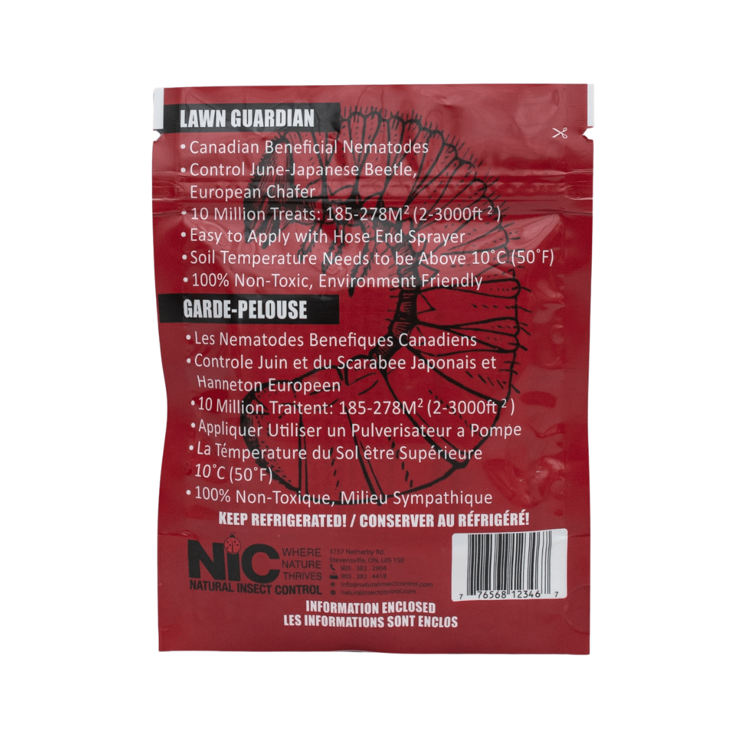 The back of a red, green, and yellow plastic package of Lawn Guardian beneficial nematodes.