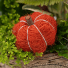 A close-up of a small orange decorative wicker pumpkin in a fall-themed indoor mixed planter.