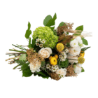 A white, yellow, and green floral bouquet with roses, carnations, lisianthus, wax flower, strawflower, hydrangea, etc.