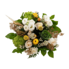 An above view of a white, yellow, and green floral bouquet with roses, carnations, lisianthus, wax flower, strawflower, hydrangea, etc.
