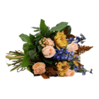 A floral bouquet with peach, copper, and rust-coloured spider mums, amaranthus, carnations, roses, along with blue delphinium and thistle.