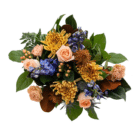 An above view of a floral bouquet with peach, copper, and rust-coloured spider mums, amaranthus, carnations, roses, along with blue delphinium and thistle.