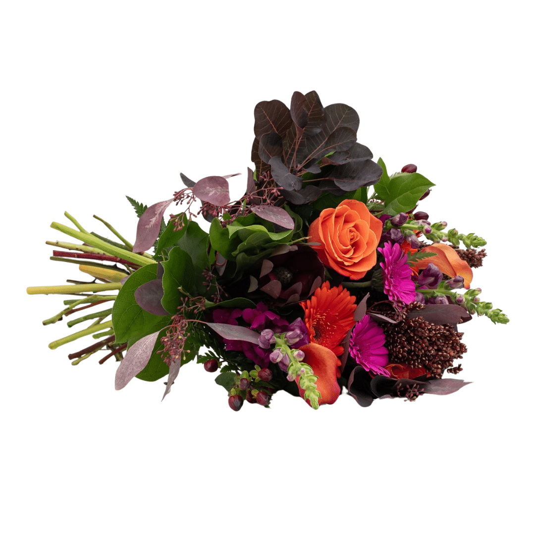 417 A floral bouquet with pink and orange gerberas, orange roses, calla lilies, burgundy hypericum berries, and smokebush foliage.