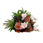 A floral bouquet with light pink lisianthus, orange-blush roses, burgundy carnations, and hypericum berries, along with a brown decorative root ball.