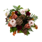 An above view of a floral bouquet with light pink lisianthus, orange-blush roses, and burgundy carnations and hypericum berries, along with a brown decorative root ball.