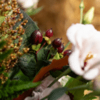 A close-up of burgundy hypericum berries in a floral bouquet.