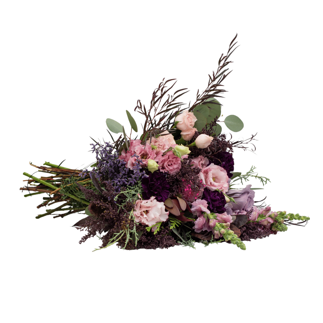 A berry-toned bouquet with roses, carnations, lisianthus, snap dragons, etc.