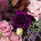 A close-up of a dark purple carnation in a berry-toned bouquet.