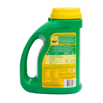 Green and yellow garden fertilizer bottle showcasing usage instructions and ingredients on the label.