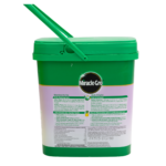 Miracle-Gro water-soluble plant food container with instructions and branding, featuring a green lid and purple label.